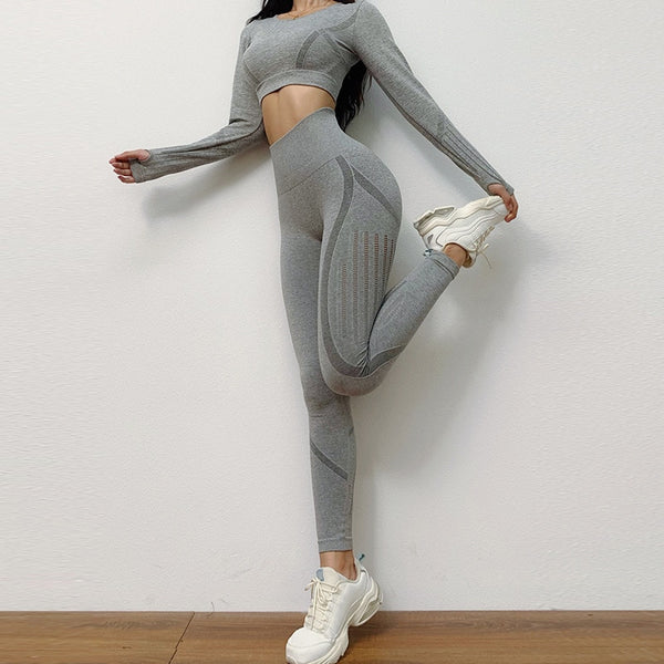 Solid Yoga Suit Seamless Dry Quick Breathable Tracksuit Long Sleeve Leggings Two Piece Set Fashion Workout Gym Fitness Sport Set | Vimost Shop.