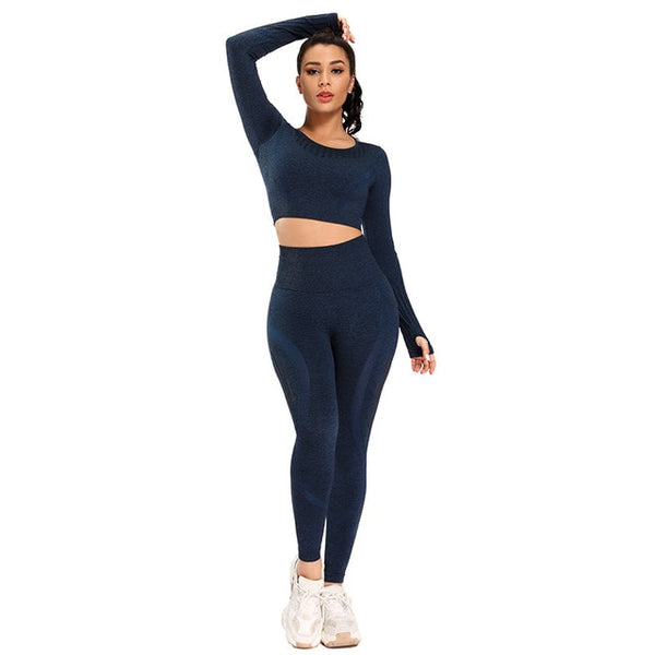 Solid Yoga Suit Seamless Dry Quick Breathable Tracksuit Long Sleeve Leggings Two Piece Set Fashion Workout Gym Fitness Sport Set | Vimost Shop.