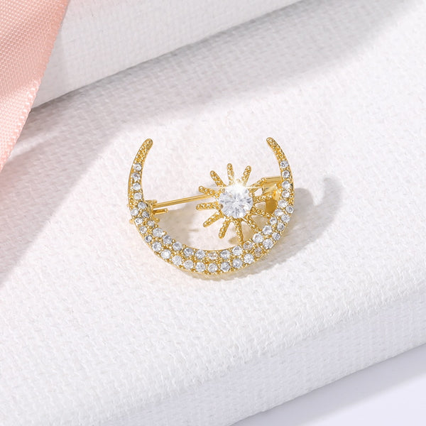 Gold CZ Zircon Daintiness Sun Moon brooch Crystal Exquisiteness the Sunshine moon Pin Accessories broche for Women Men Jewelry | Vimost Shop.