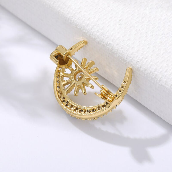 Gold CZ Zircon Daintiness Sun Moon brooch Crystal Exquisiteness the Sunshine moon Pin Accessories broche for Women Men Jewelry | Vimost Shop.
