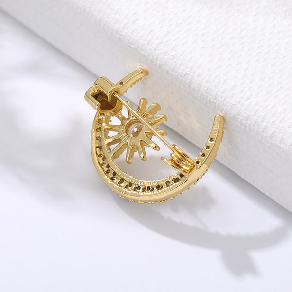 Gold CZ Zircon Daintiness Sun Moon brooch Crystal Exquisiteness the Sunshine moon Pin Accessories broche for Women Men Jewelry | Vimost Shop.