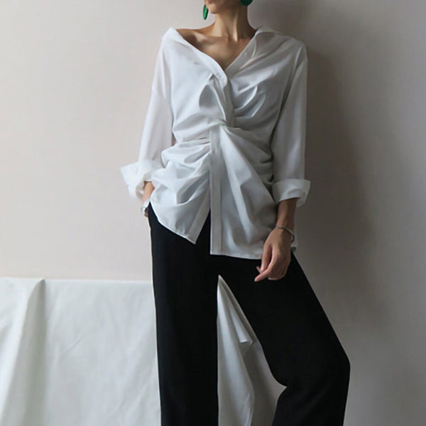 New Cross Design Irregular Loose V-neck Shirt Female Fashion Temperament Top With Clavicle Streetwear | Vimost Shop.