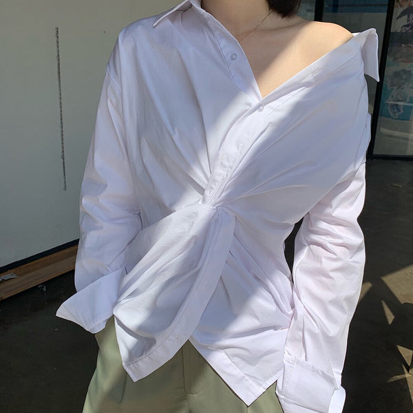 New Cross Design Irregular Loose V-neck Shirt Female Fashion Temperament Top With Clavicle Streetwear | Vimost Shop.