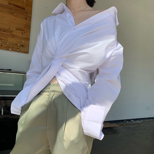 New Cross Design Irregular Loose V-neck Shirt Female Fashion Temperament Top With Clavicle Streetwear | Vimost Shop.