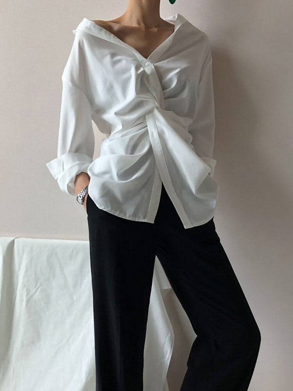 New Cross Design Irregular Loose V-neck Shirt Female Fashion Temperament Top With Clavicle Streetwear | Vimost Shop.
