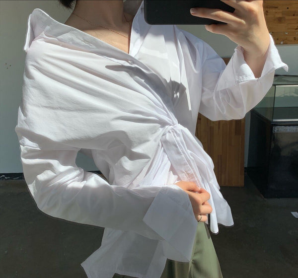 New Cross Design Irregular Loose V-neck Shirt Female Fashion Temperament Top With Clavicle Streetwear | Vimost Shop.