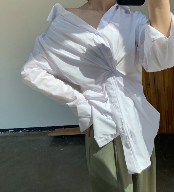 New Cross Design Irregular Loose V-neck Shirt Female Fashion Temperament Top With Clavicle Streetwear | Vimost Shop.