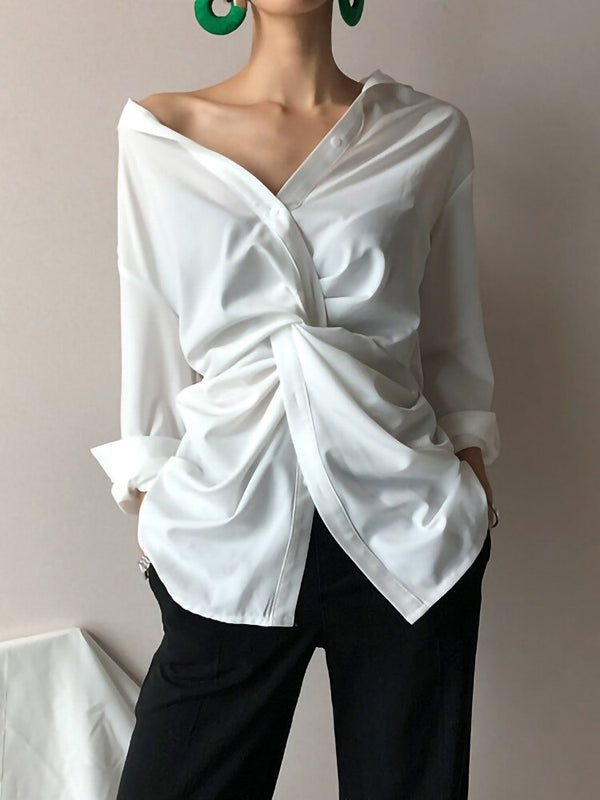 New Cross Design Irregular Loose V-neck Shirt Female Fashion Temperament Top With Clavicle Streetwear | Vimost Shop.