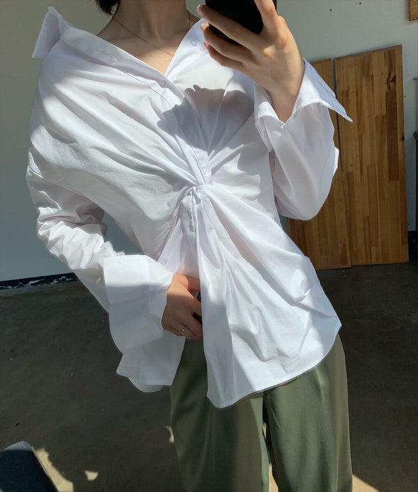 New Cross Design Irregular Loose V-neck Shirt Female Fashion Temperament Top With Clavicle Streetwear | Vimost Shop.