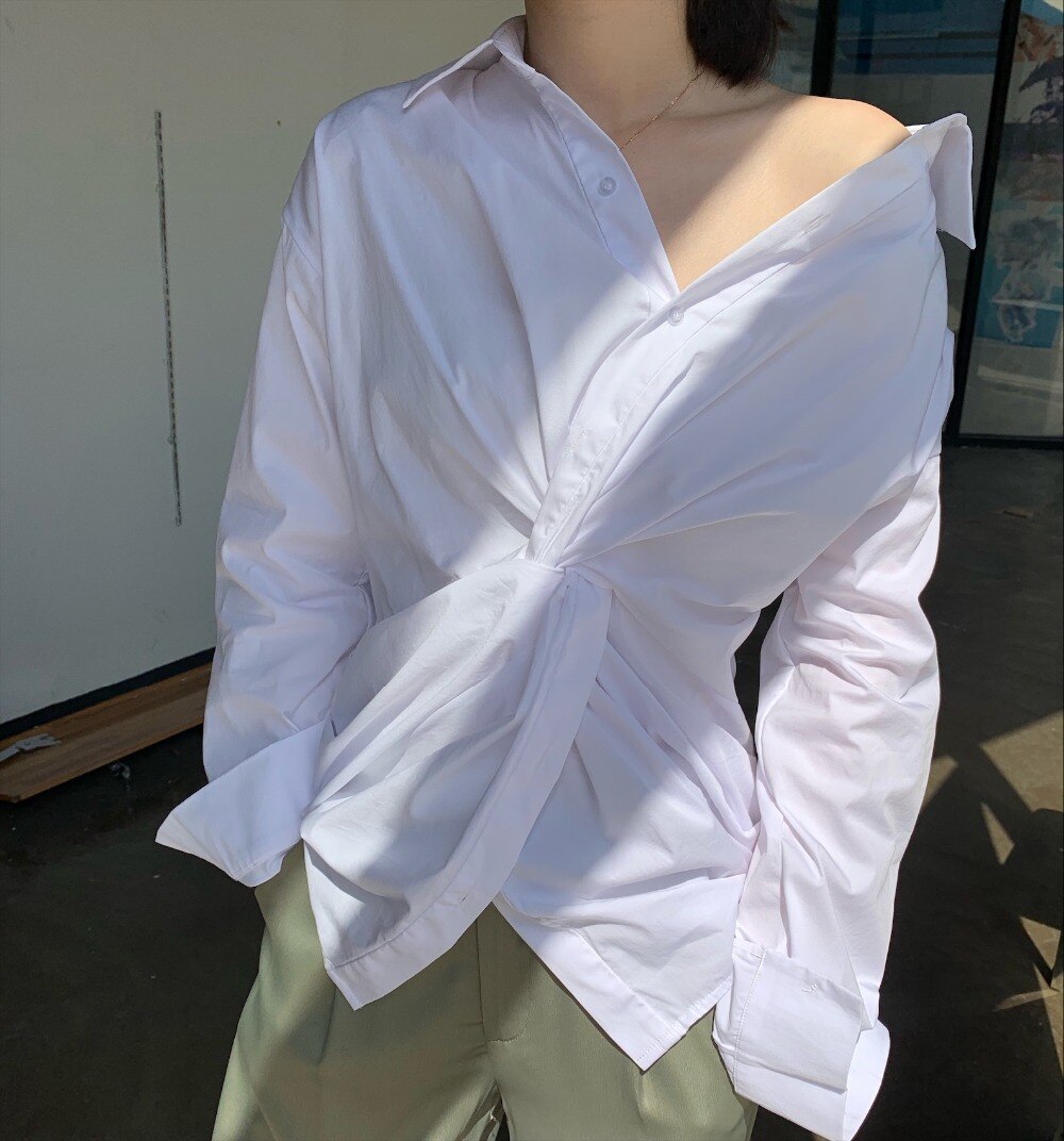 New Cross Design Irregular Loose V-neck Shirt Female Fashion Temperament Top With Clavicle Streetwear | Vimost Shop.