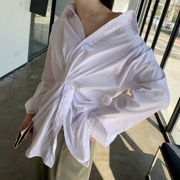 New Cross Design Irregular Loose V-neck Shirt Female Fashion Temperament Top With Clavicle Streetwear | Vimost Shop.