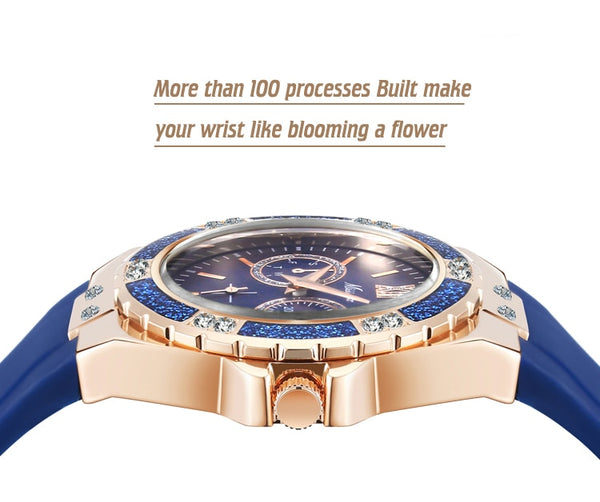 Women's Watches Chronograph Rose Gold Sport Watch Ladies Diamond Blue Rubber Band Xfcs Analog Female Quartz Wristwatch | Vimost Shop.