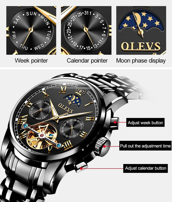 Men Watch Automatic Mechanical Business Skeleton Slef-Wind Luxury Stainless Steel Waterproof Luminous Wrist Watch | Vimost Shop.