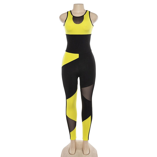 Yellow Black Women Sexy Fitness Yoga Suit Mesh Patchwork Backless Sports Jumpsuit Gym Training Clothes Female One-piece Sets | Vimost Shop.