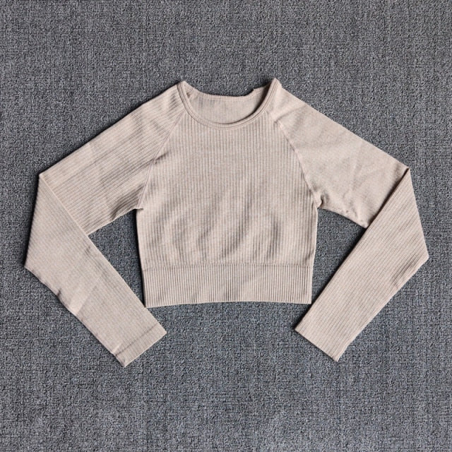 Women's Sportswear Yoga Sets Ribbed Seamless Long Sleeve Workout Clothes for Women High Waist Sports Legging Long Sleeve Top