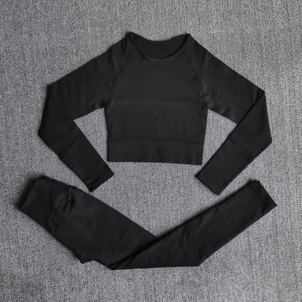 Women's Sportswear Yoga Sets Ribbed Seamless Long Sleeve Workout Clothes for Women High Waist Sports Legging Long Sleeve Top