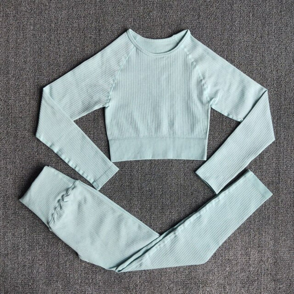 Women's Sportswear Yoga Sets Ribbed Seamless Long Sleeve Workout Clothes for Women High Waist Sports Legging Long Sleeve Top