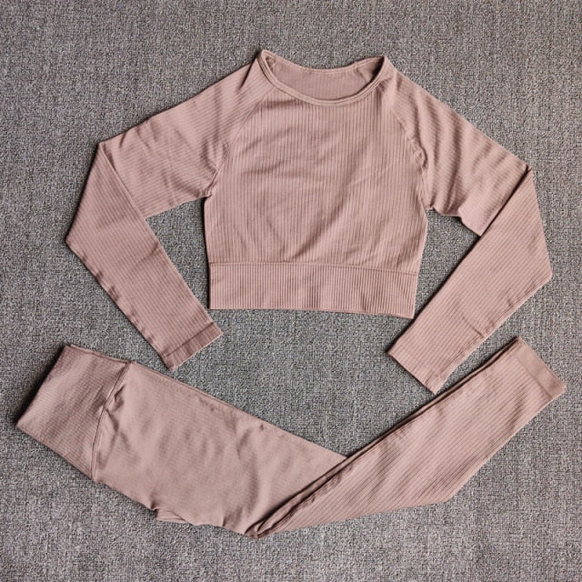 Women's Sportswear Yoga Sets Ribbed Seamless Long Sleeve Workout Clothes for Women High Waist Sports Legging Long Sleeve Top