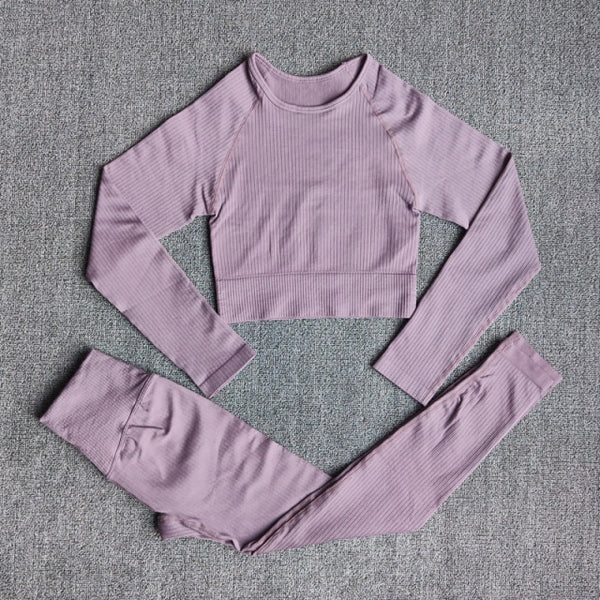 Women's Sportswear Yoga Sets Ribbed Seamless Long Sleeve Workout Clothes for Women High Waist Sports Legging Long Sleeve Top