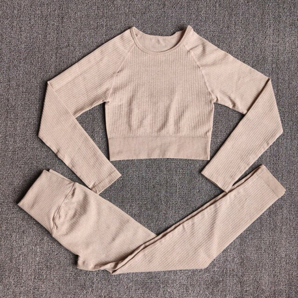 Women's Sportswear Yoga Sets Ribbed Seamless Long Sleeve Workout Clothes for Women High Waist Sports Legging Long Sleeve Top