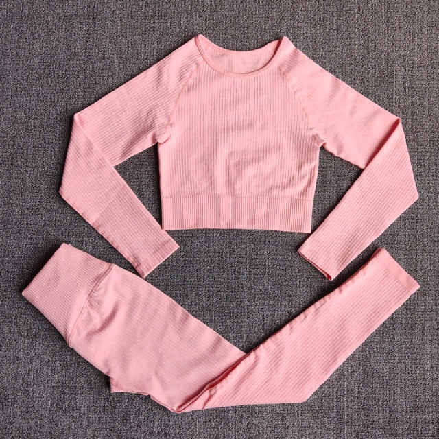 Women's Sportswear Yoga Sets Ribbed Seamless Long Sleeve Workout Clothes for Women High Waist Sports Legging Long Sleeve Top
