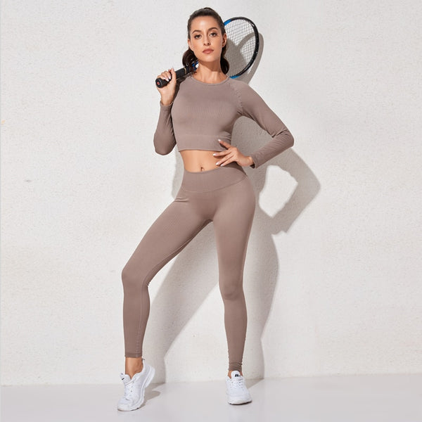 Women's Sportswear Yoga Sets Ribbed Seamless Long Sleeve Workout Clothes for Women High Waist Sports Legging Long Sleeve Top