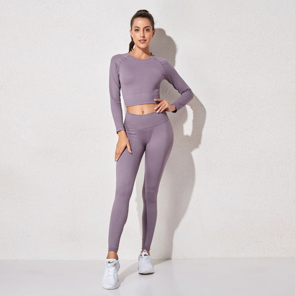 Women's Sportswear Yoga Sets Ribbed Seamless Long Sleeve Workout Clothes for Women High Waist Sports Legging Long Sleeve Top