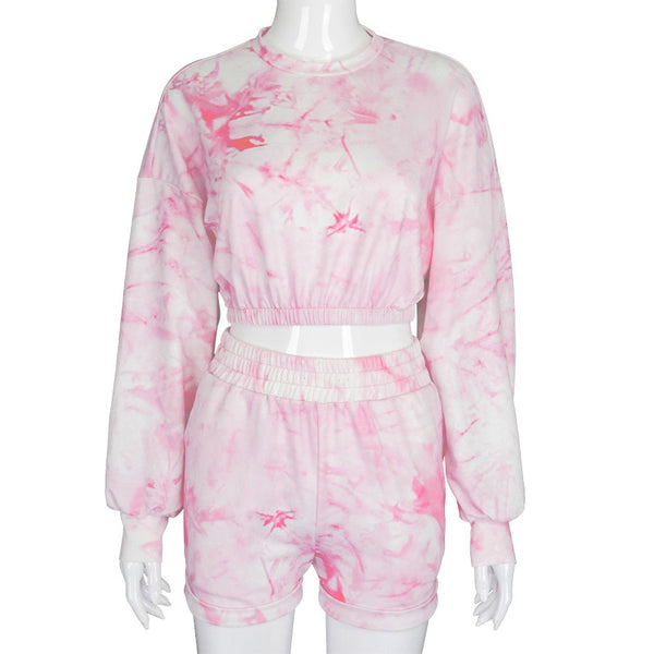 Autumn Tie Dye Sports Two Piece Set Fitness Clothes For Women Long Sleeve Crop Top Loose Shorts Fashion Gym Workout Running Set | Vimost Shop.