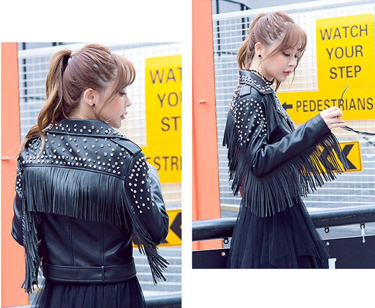 Fringed Rivet Punk Leather Jacket Women PU Leather Jacket Locomotive Short Coat motorcycle Outerwear Ladies Coats | Vimost Shop.