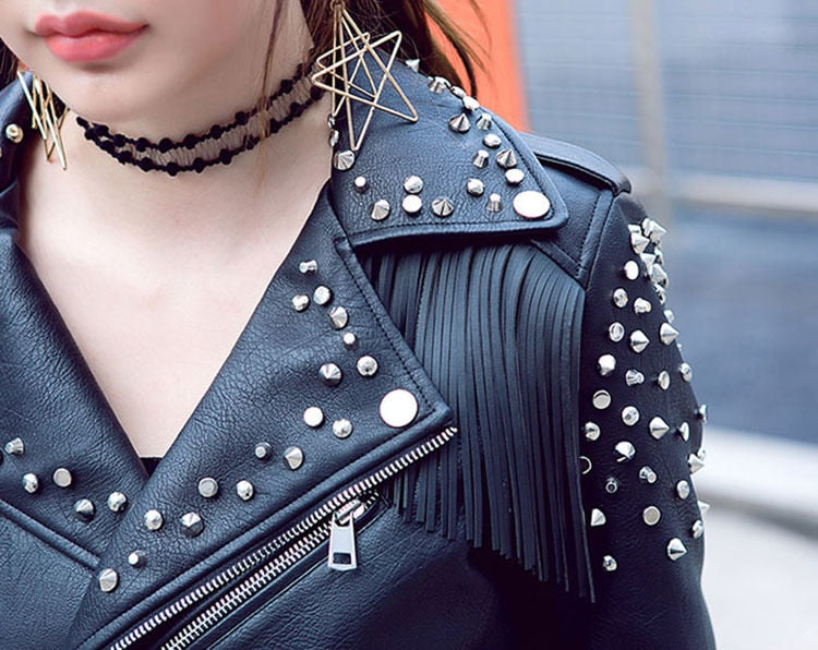 Fringed Rivet Punk Leather Jacket Women PU Leather Jacket Locomotive Short Coat motorcycle Outerwear Ladies Coats | Vimost Shop.