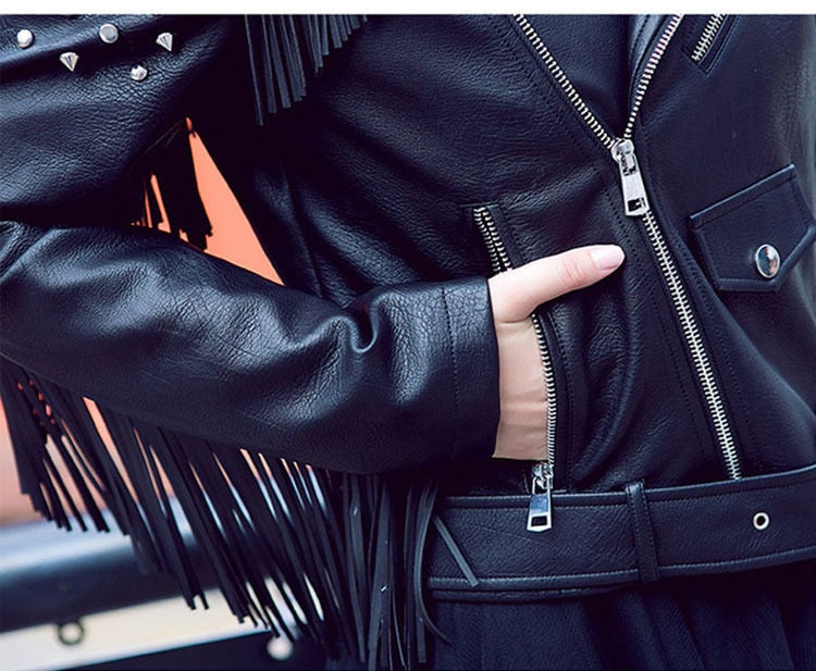 Fringed Rivet Punk Leather Jacket Women PU Leather Jacket Locomotive Short Coat motorcycle Outerwear Ladies Coats | Vimost Shop.