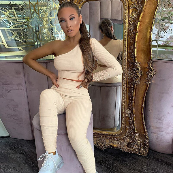 Seamless Ribbing Yoga Set Sportswear Tracksuit Fashion One Shoulder Top Leggings Pants Fitness Suit Running Energy Workout Suit | Vimost Shop.