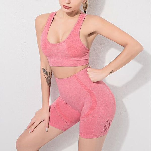 Seamless 2 PCS Yoga Set Fitness Sports Suits Gym Clothing Yoga Bra Crop Top Shorts Workout Running Training Outfits For Women | Vimost Shop.