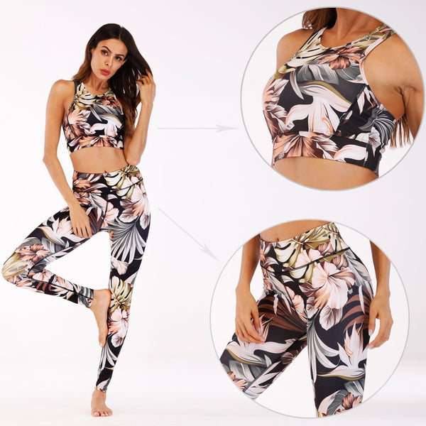 Seamless Floral Print Sports Yoga Set Gym Fitness Tracksuit Fashion Top Leggings Suit Jogging Workout Training Dance Clothing | Vimost Shop.