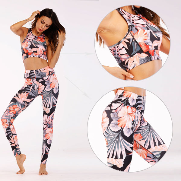 Seamless Floral Print Sports Yoga Set Gym Fitness Tracksuit Fashion Top Leggings Suit Jogging Workout Training Dance Clothing | Vimost Shop.