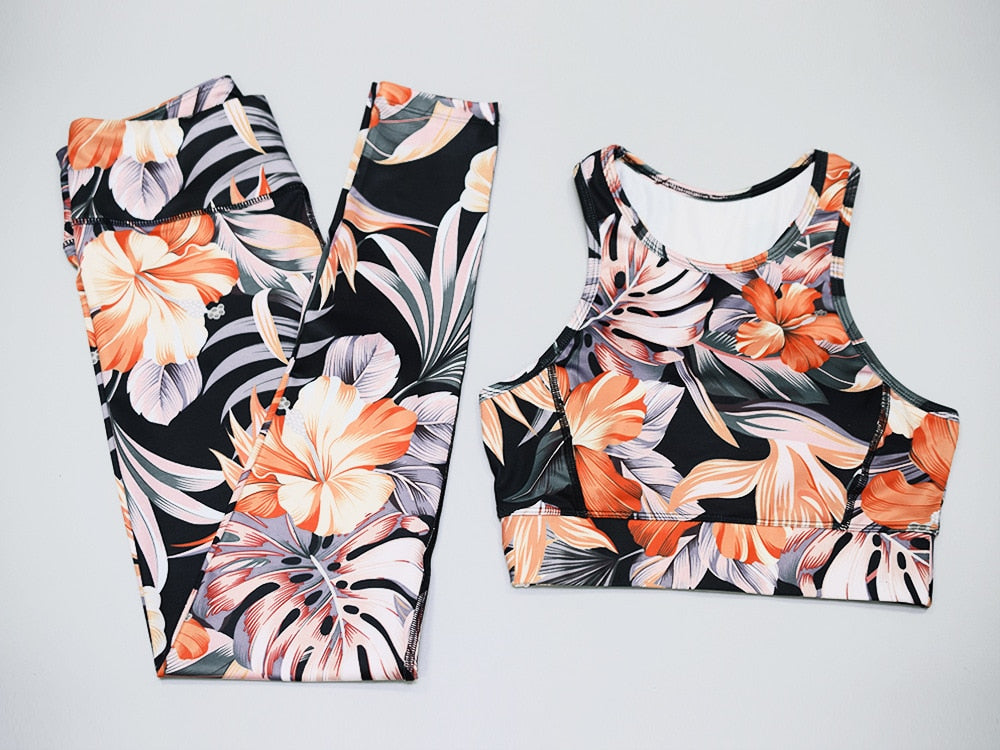 Seamless Floral Print Sports Yoga Set Gym Fitness Tracksuit Fashion Top Leggings Suit Jogging Workout Training Dance Clothing | Vimost Shop.