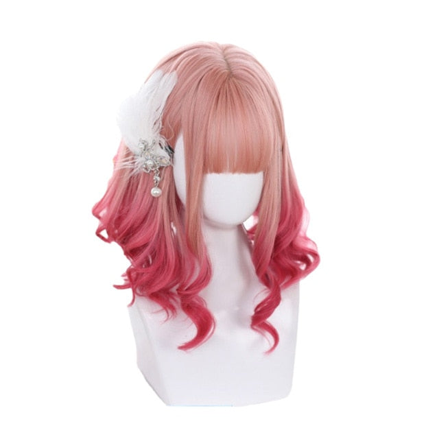 Gradient Pink Lolita Wigs Medium Loose Wave Sweet Harajuku Japanese Cosplay Wig Heat Resistant Synthetic Hair | Vimost Shop.
