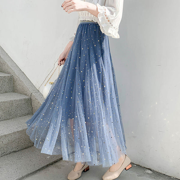 Star sequined mesh skirt summer new female ins super fire long a-line skirt net red fairy skirt Female summer | Vimost Shop.