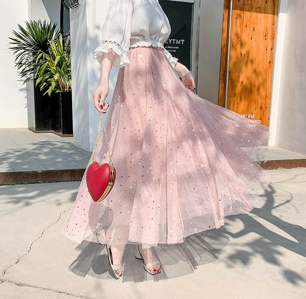 Star sequined mesh skirt summer new female ins super fire long a-line skirt net red fairy skirt Female summer | Vimost Shop.
