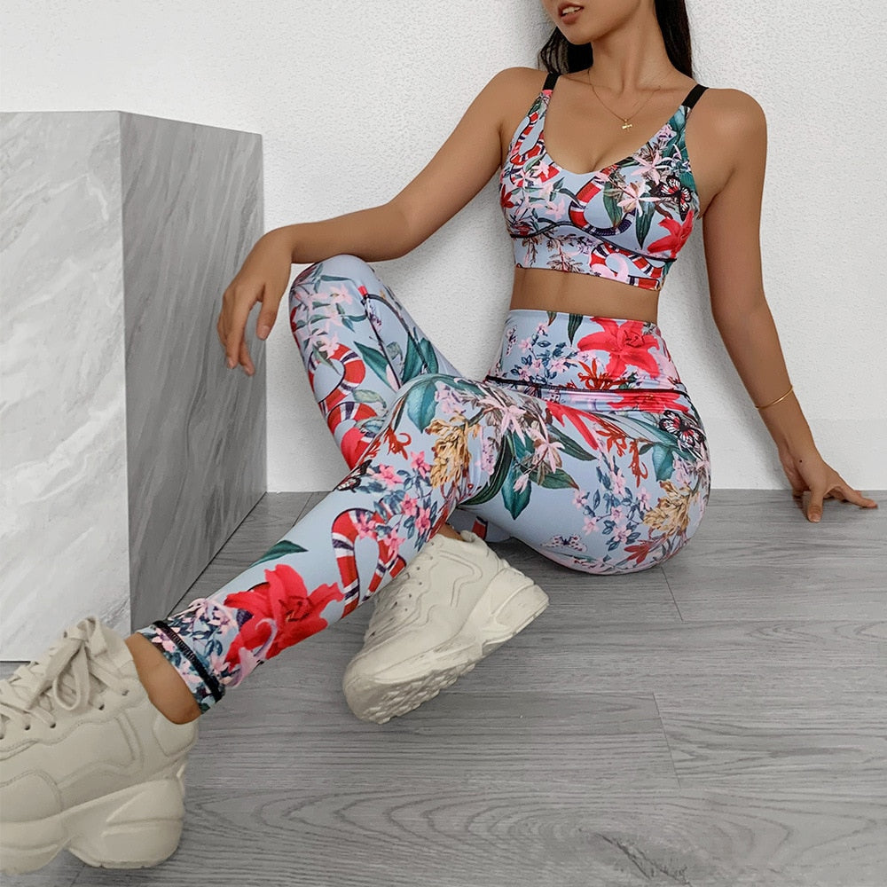 Seamless Floral Print Sports Yoga Set Gym Fitness Tracksuit Fashion Tank Top Leggings Suit Jogging Workout Training Clothing | Vimost Shop.