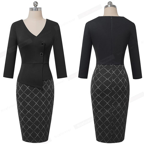 Elegant Patchwork with Button Work Office vestidos Business Formal Bodycon Women Winter Dress | Vimost Shop.