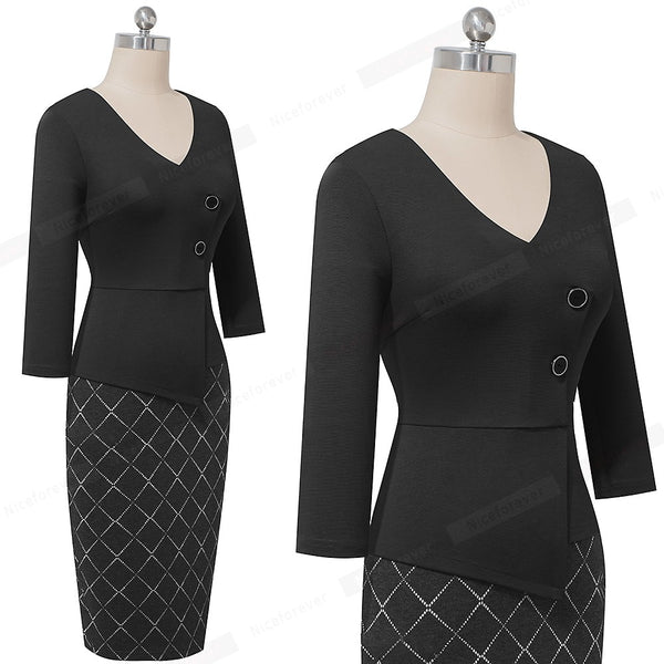 Elegant Patchwork with Button Work Office vestidos Business Formal Bodycon Women Winter Dress | Vimost Shop.