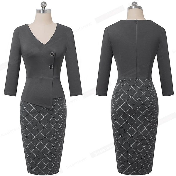 Elegant Patchwork with Button Work Office vestidos Business Formal Bodycon Women Winter Dress | Vimost Shop.