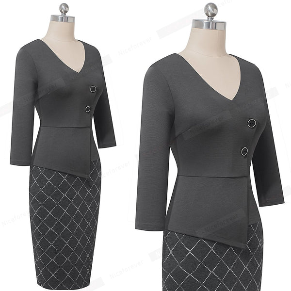 Elegant Patchwork with Button Work Office vestidos Business Formal Bodycon Women Winter Dress | Vimost Shop.