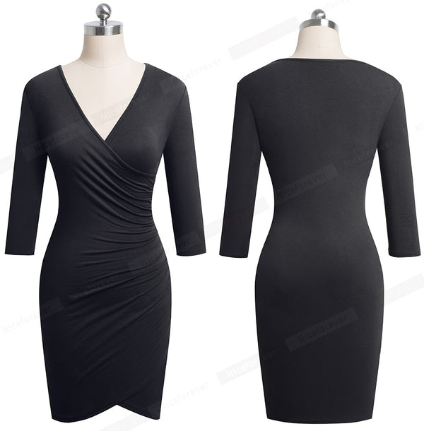 Elegant Pure Color Sexy V neck vestidos Business Party Women Bodycon Pencil Female Dress | Vimost Shop.