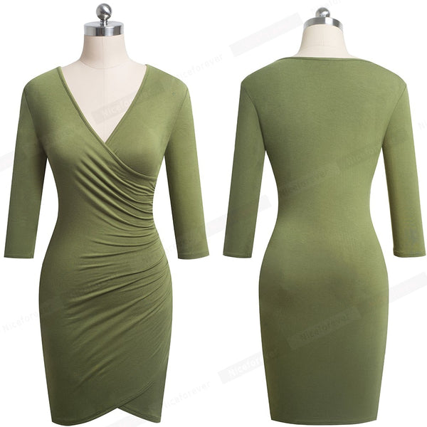 Elegant Pure Color Sexy V neck vestidos Business Party Women Bodycon Pencil Female Dress | Vimost Shop.