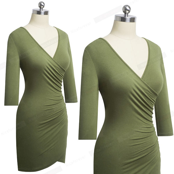 Elegant Pure Color Sexy V neck vestidos Business Party Women Bodycon Pencil Female Dress | Vimost Shop.