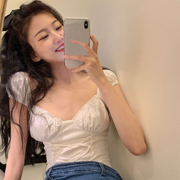 Square collar short-sleeved top lace-trimmed casual short shirt retro French palace strappy corset White puff sleeve ladies | Vimost Shop.