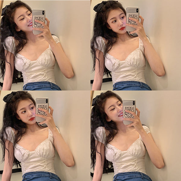 Square collar short-sleeved top lace-trimmed casual short shirt retro French palace strappy corset White puff sleeve ladies | Vimost Shop.