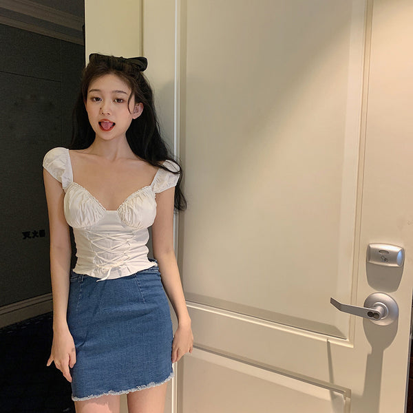 Square collar short-sleeved top lace-trimmed casual short shirt retro French palace strappy corset White puff sleeve ladies | Vimost Shop.